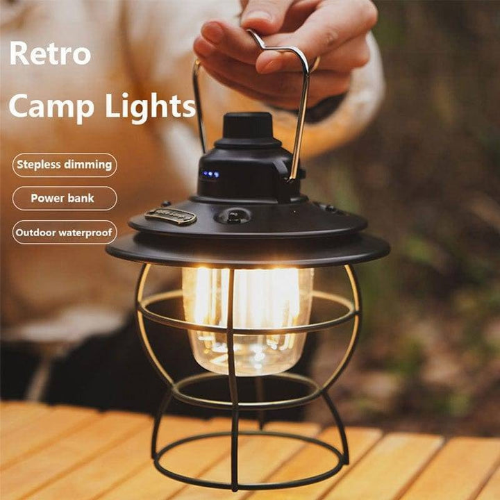 Vintage-style camping lantern, USB rechargeable with dimmable light for cozy outdoor illumination.