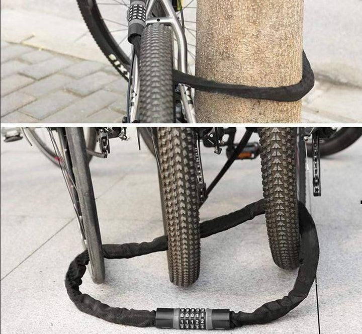 Cycling accessory: close-up of robust anti-theft chain lock with key mechanism.