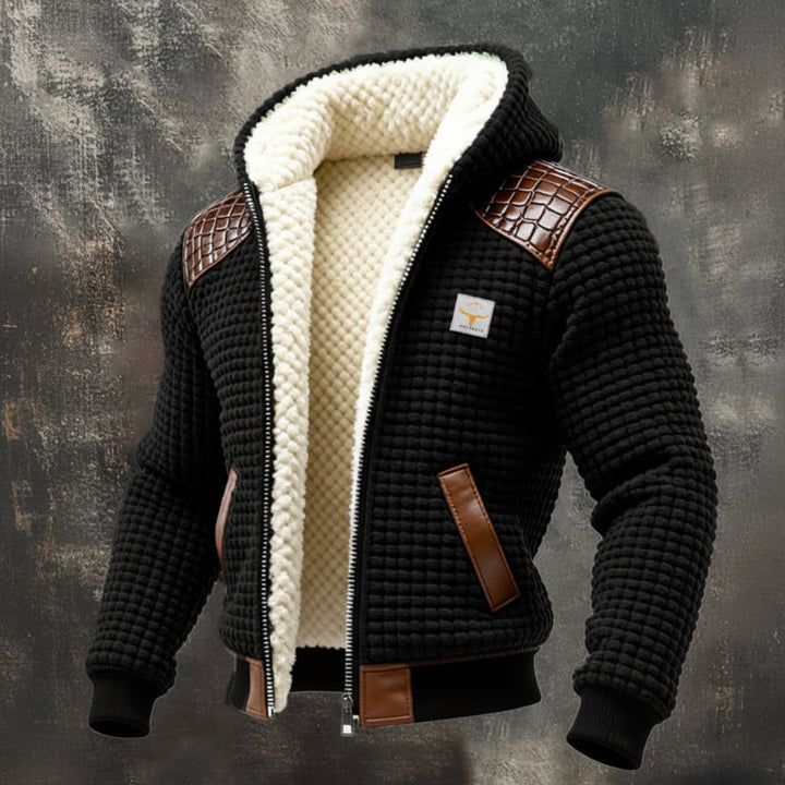 Stylish black textured men's winter jacket, ideal for everyday casual wear & men's fashion.