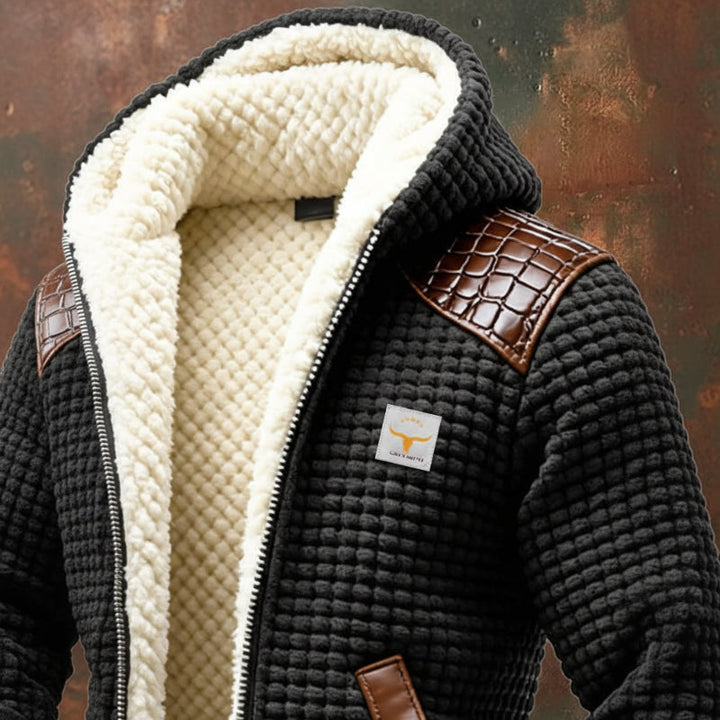 Warm gray men's textured jacket, offering cozy comfort and stylish outerwear for cold weather.