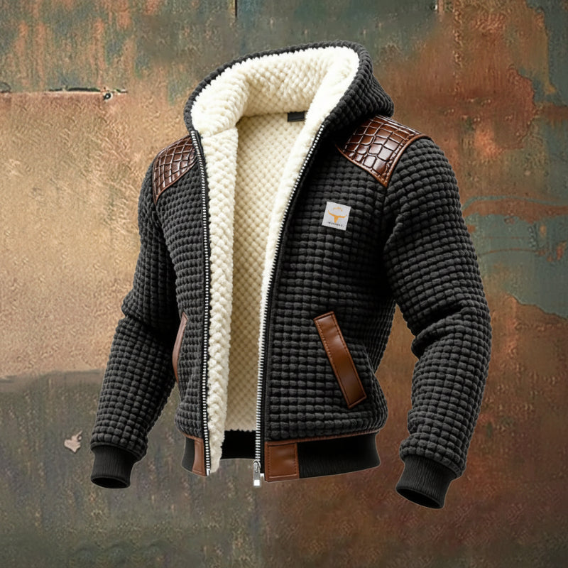 Men's robust textured jacket, a warm and cozy everyday outerwear piece for cold weather fashion.