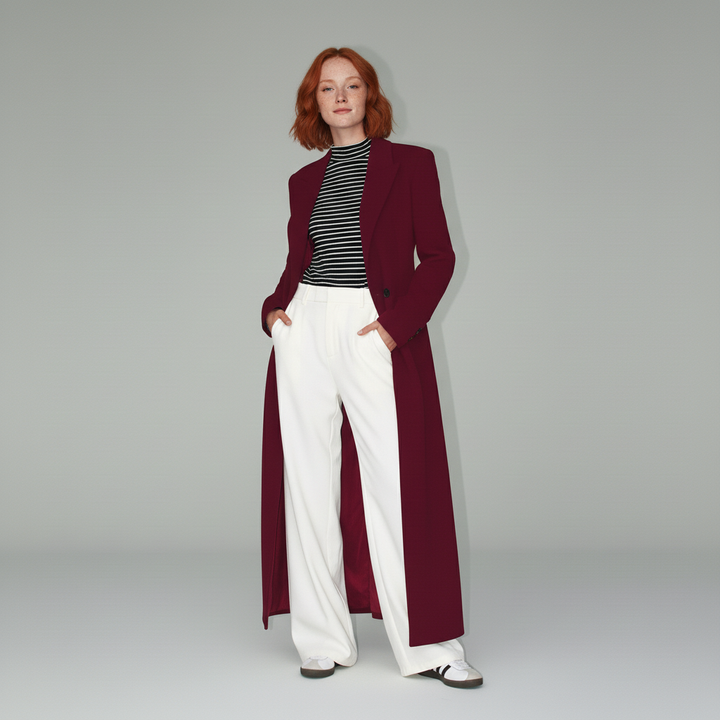 Ruby red women's long fitted tailored coat. Elegant outerwear for city or evening.