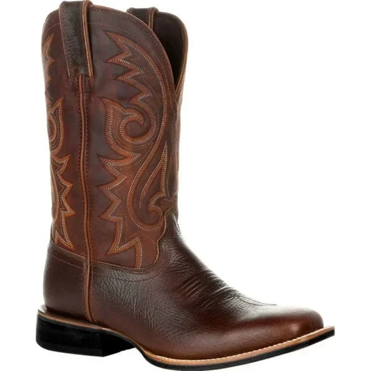 Durable black men's square toe cowboy boots, mid-calf slip-on design for rugged western style & comfort.