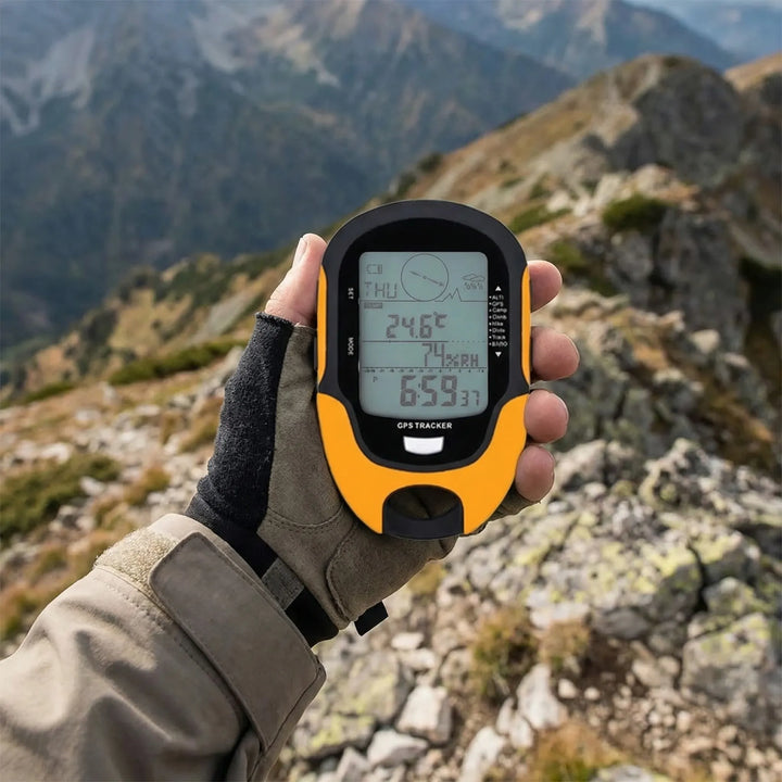 Rugged handheld GPS navigator with built-in altimeter, barometer, and weather forecast for hiking, trekking, outdoor adventures.