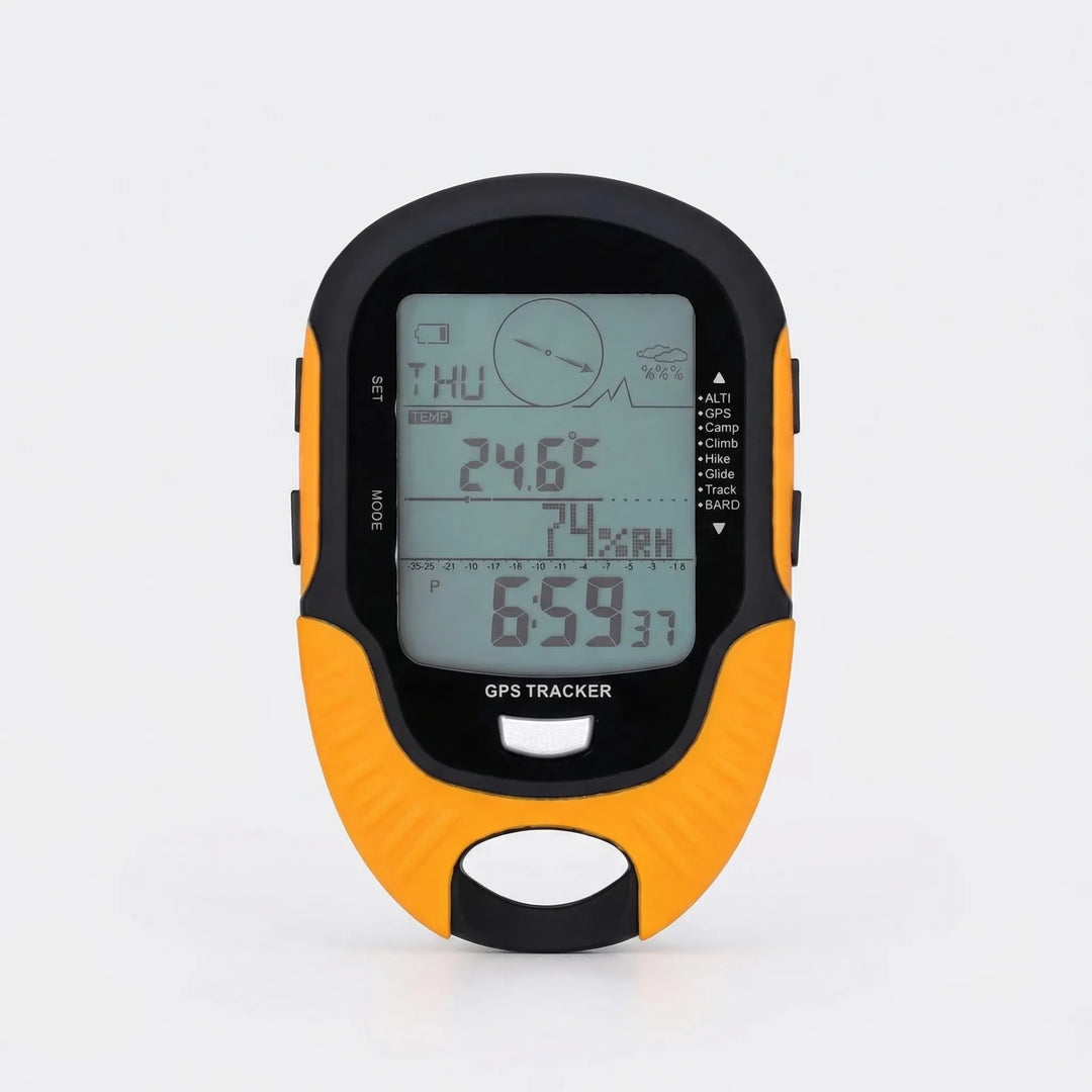 Compact rechargeable handheld GPS navigator, ideal for trail running, hiking, and outdoor survival with altimeter & barometer.