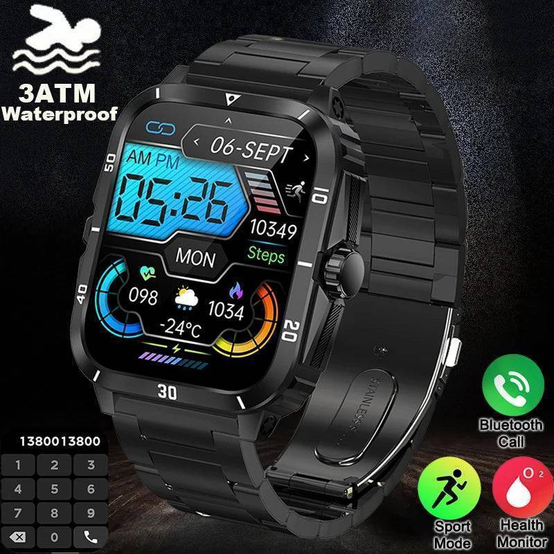 Rugged men's military smartwatch, black, with Bluetooth call & fitness tracking, on a wrist.