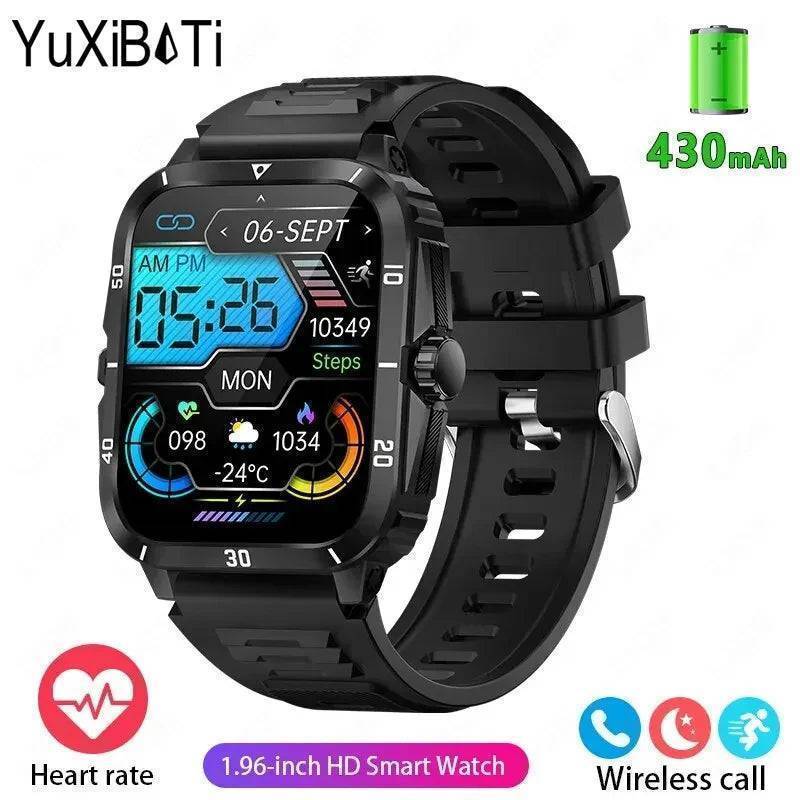 Black military smartwatch for men, showcasing its full-touch screen and various sport modes.