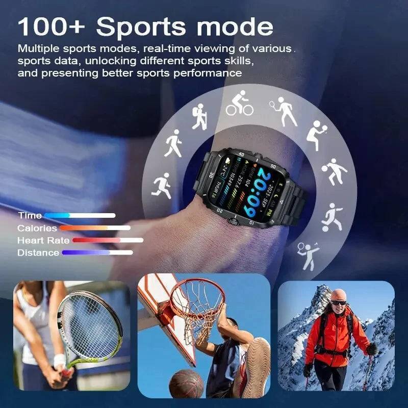 Military-grade men's smartwatch with long battery, monitoring heart rate & steps, on a charging dock.