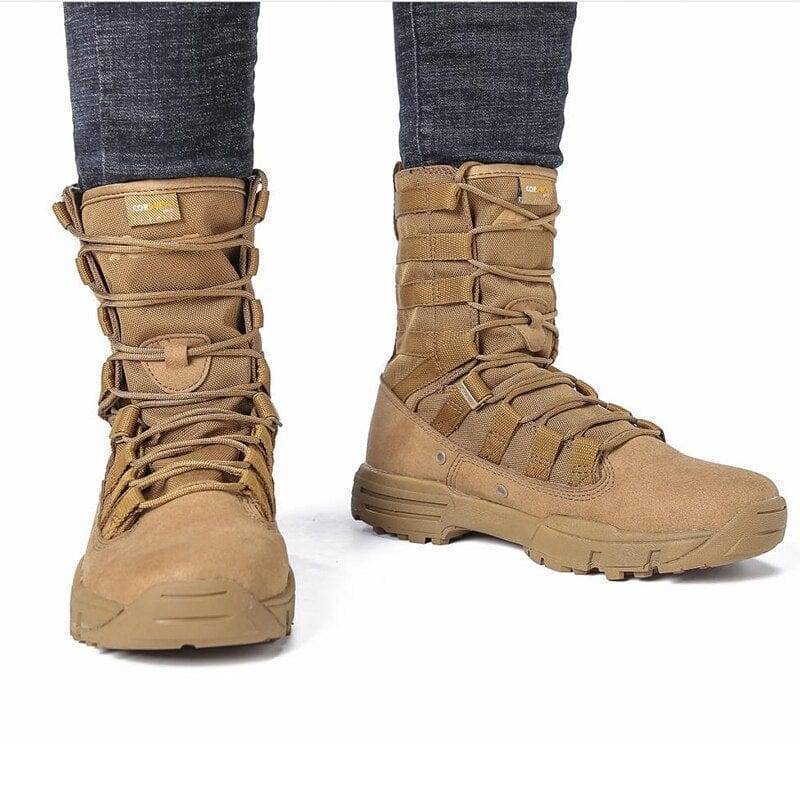 Rugged men's tactical hiking ankle boots with dark brown leather and durable sole, ideal for outdoor adventures.