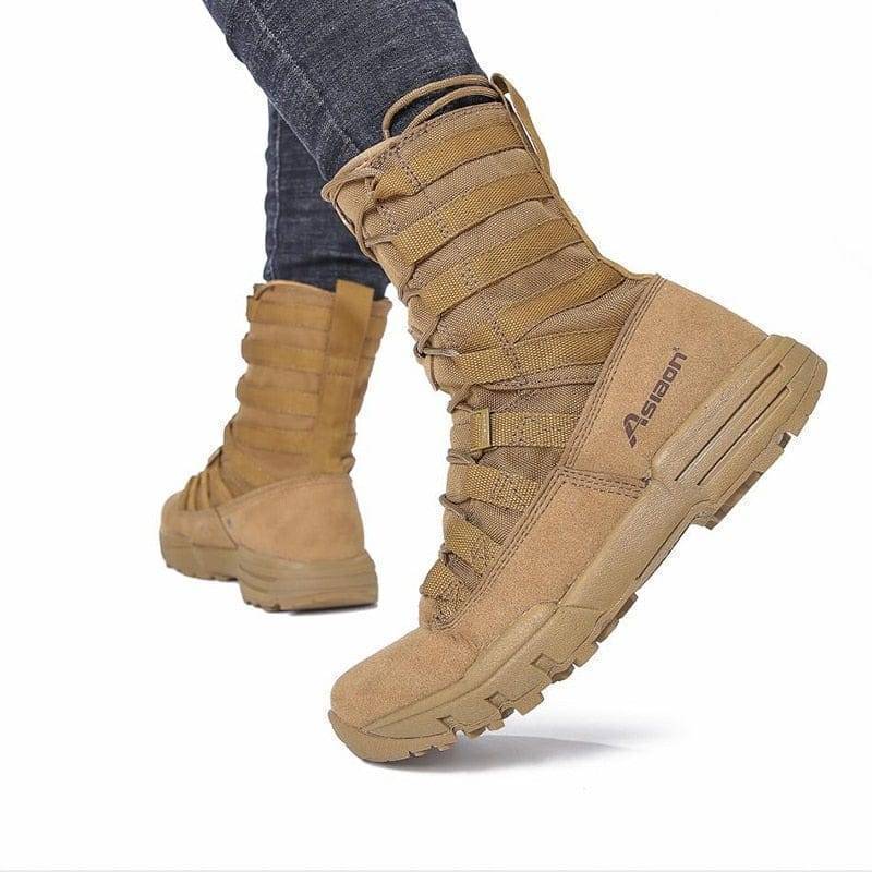 Lace-up men's hiking boots, tactical design, black with reinforced toe for rugged outdoor sports footwear.