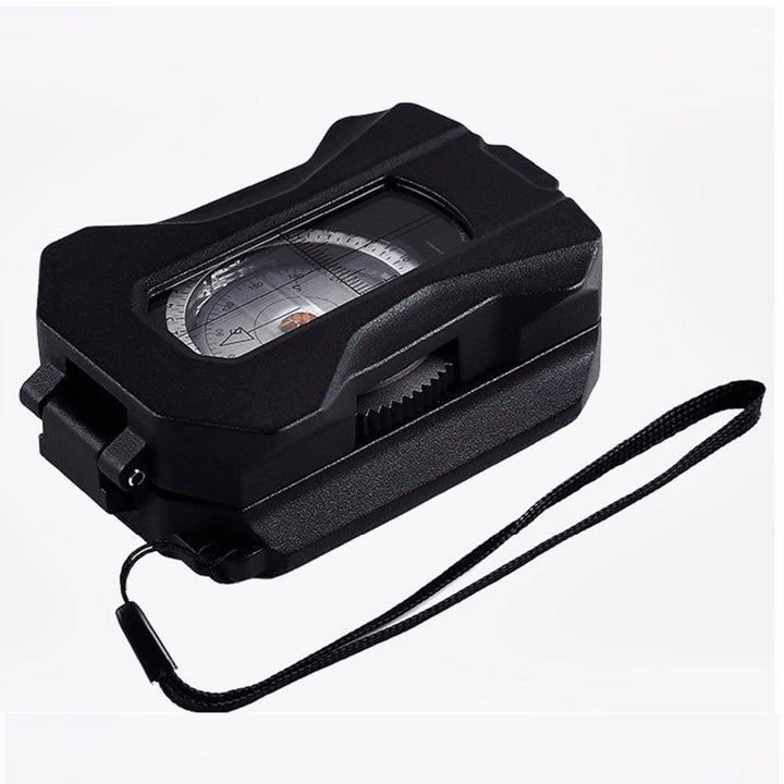Top-down view of a sturdy navigation compass, great for tactical outdoor and hiking adventures