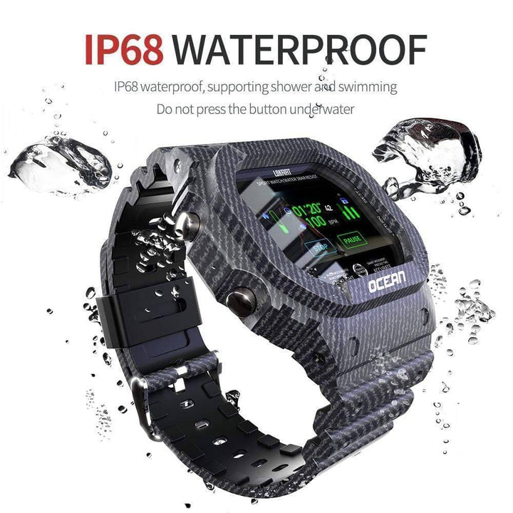 Rugged outdoor smartwatch with military styling, showing time and activity tracking features, waterproof wristwear.