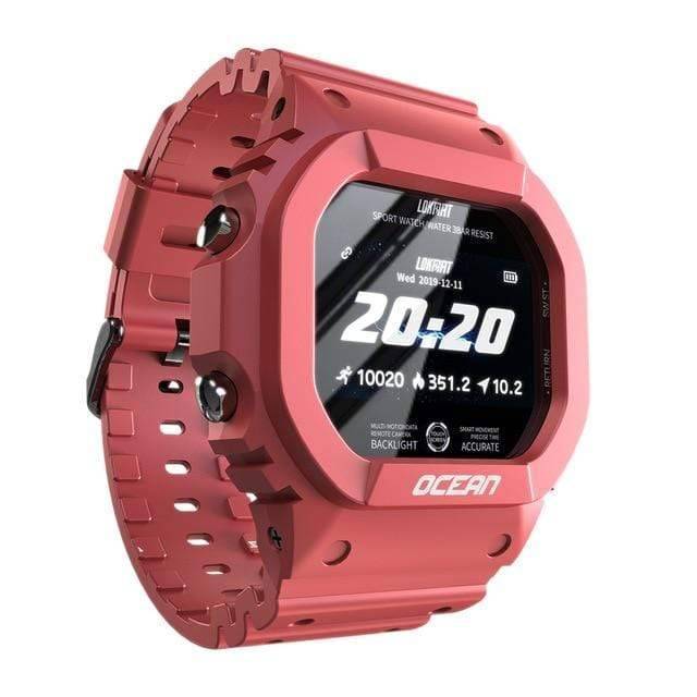 Close-up of a rugged outdoor smartwatch display, highlighting fitness tracking data and durable design.