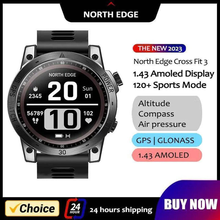 Rugged waterproof GPS smartwatch with altimeter, barometer, compass for outdoor sports & fitness tracking.