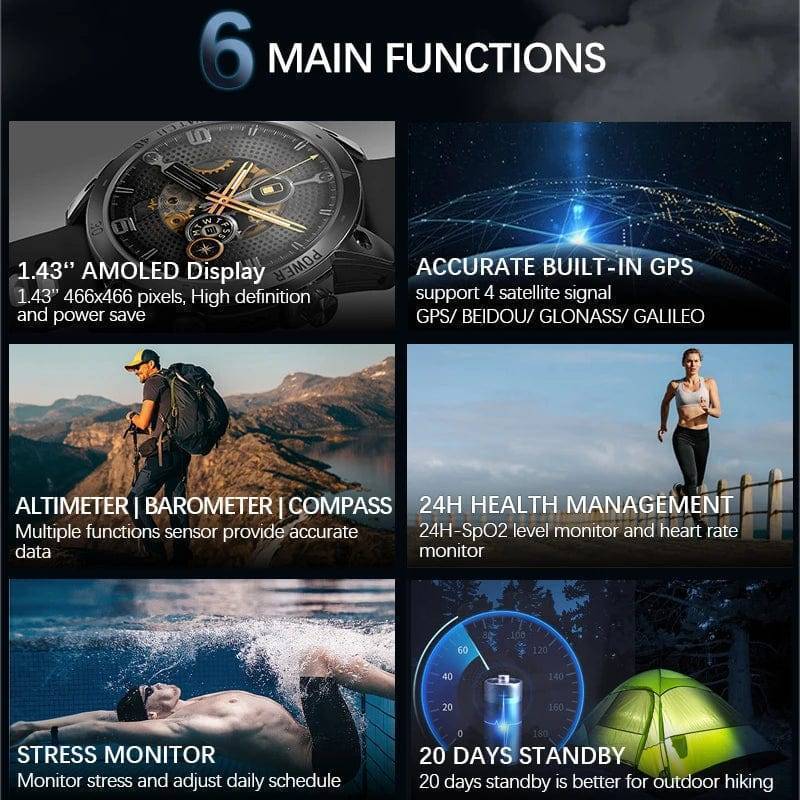 Wearable tech: black outdoor smart watch with prominent display showing GPS, altimeter, barometer functions.