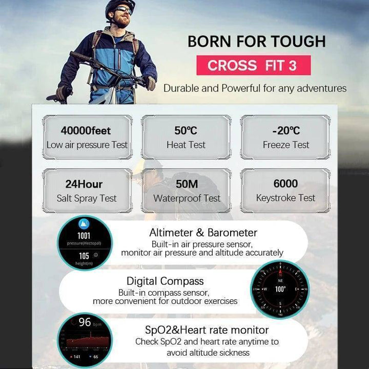 Durable outdoor sports watch, smart, with integrated GPS, altimeter, barometer, and compass features.