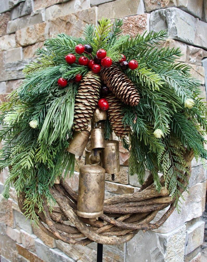 Festive rustic farmhouse wreath. Christmas holiday decor, perfect for front door or interior wall display.