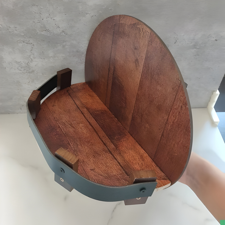 Unique gift: rustic reclaimed wood whiskey barrel shelf for bourbon and liquor display.