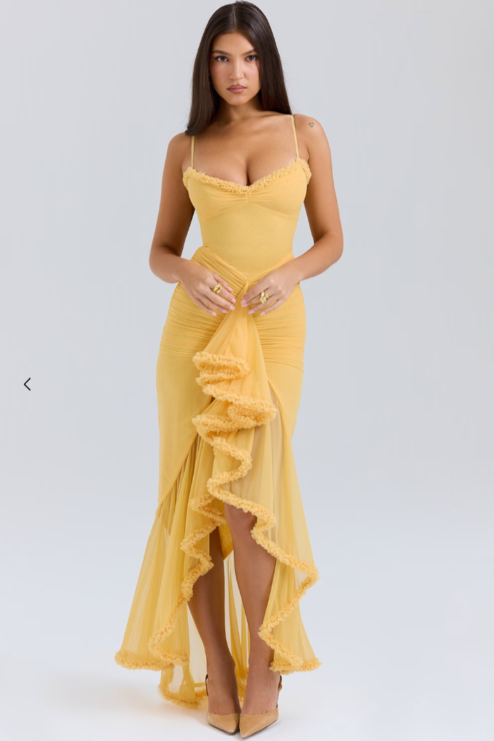 Saffron Chic Ruffle Maxi Wedding Guest Dress for women, elegant and formal attire.