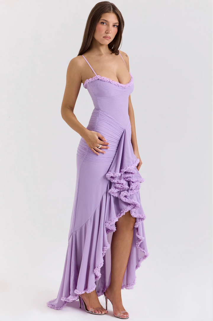 Chic Saffron Ruffle Maxi Evening Gown, a formal bodycon dress with a sweetheart neckline.