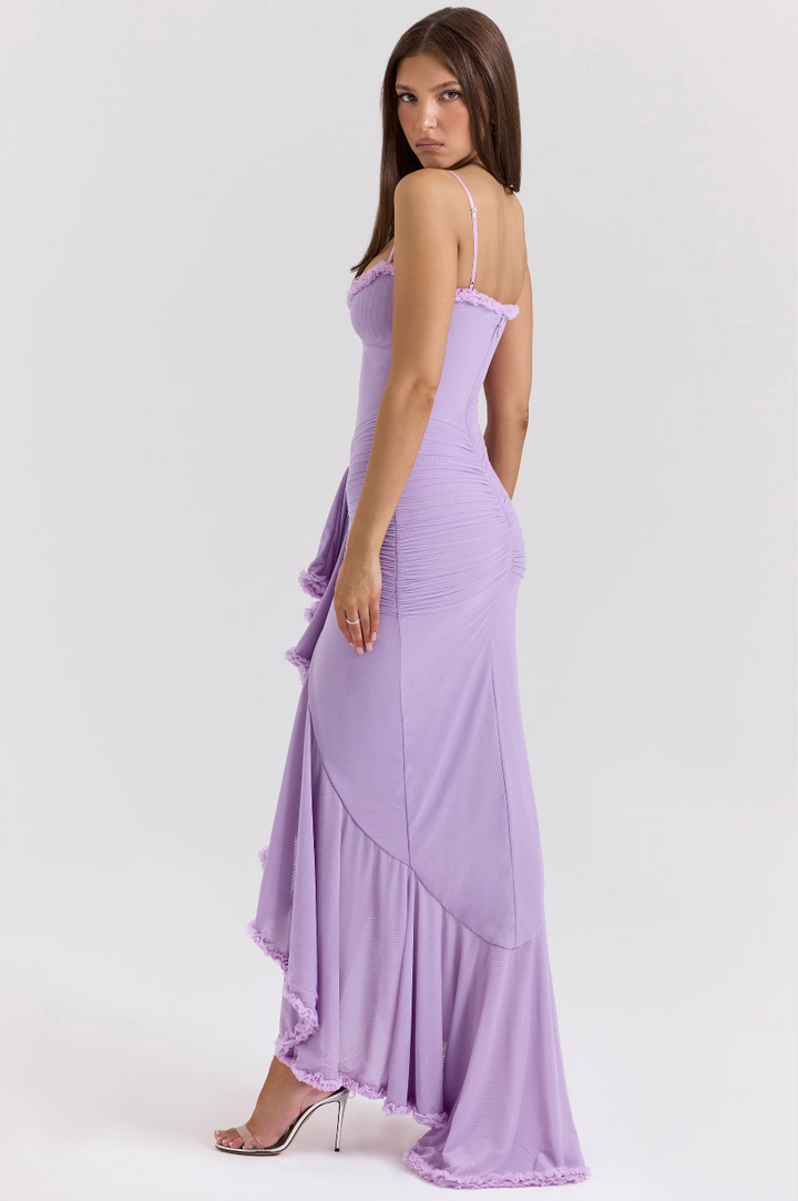 Elegant Saffron Ruffle Maxi Dress with a sweetheart neckline, a perfect wedding guest choice.