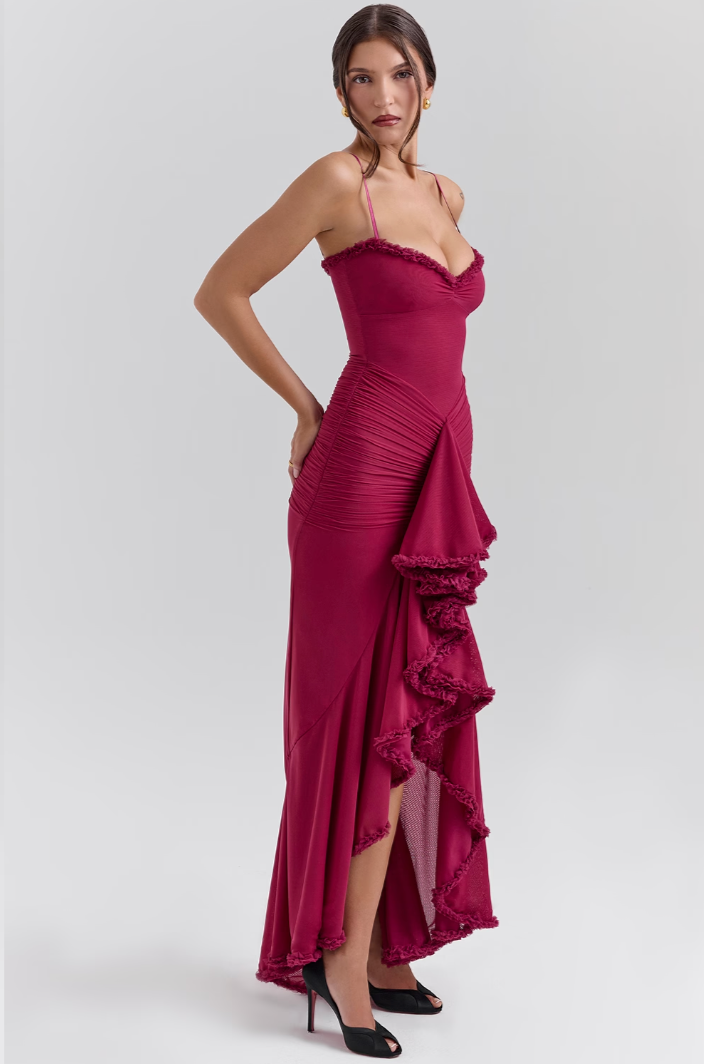 Saffron Chic Ruffle Maxi Dress, a beautiful and elegant wedding guest outfit.