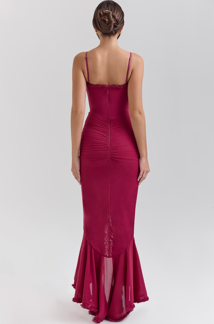 Women's Saffron Ruffle Maxi Wedding Guest Dress, a formal sleeveless bodycon evening gown.