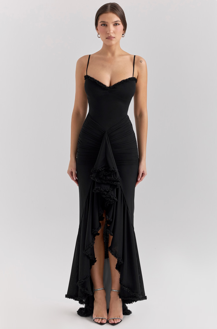 Sleeveless Saffron Bodycon Ruffle Maxi Dress, a chic formal or cocktail evening gown.