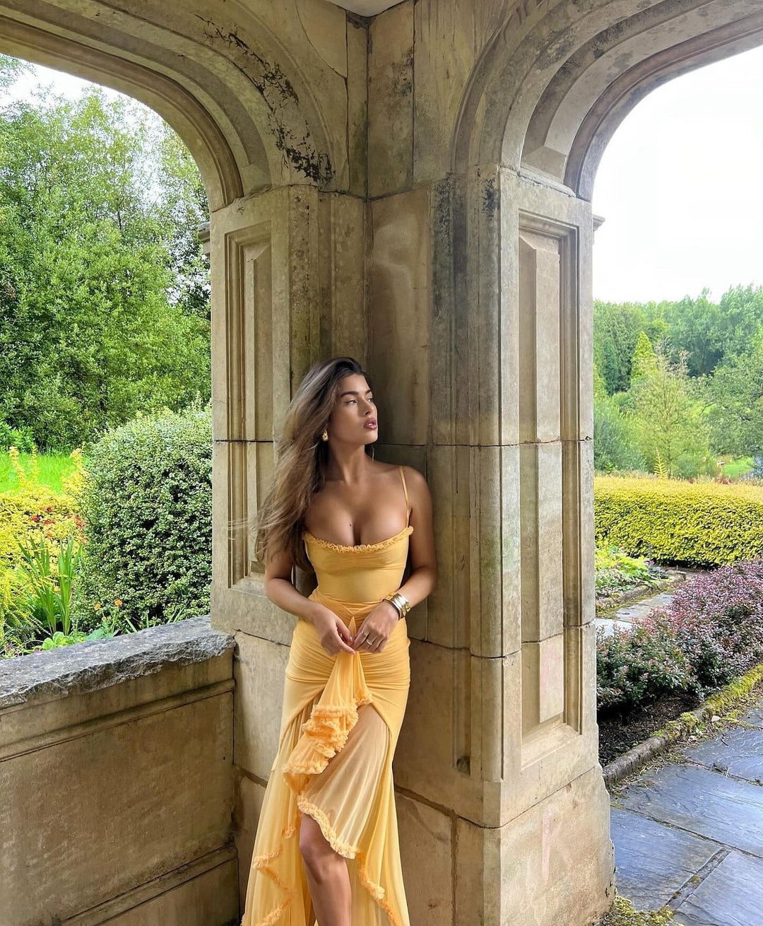 Women's Saffron Chic Ruffle Maxi Dress, ideal for wedding guests, formal events, summer.