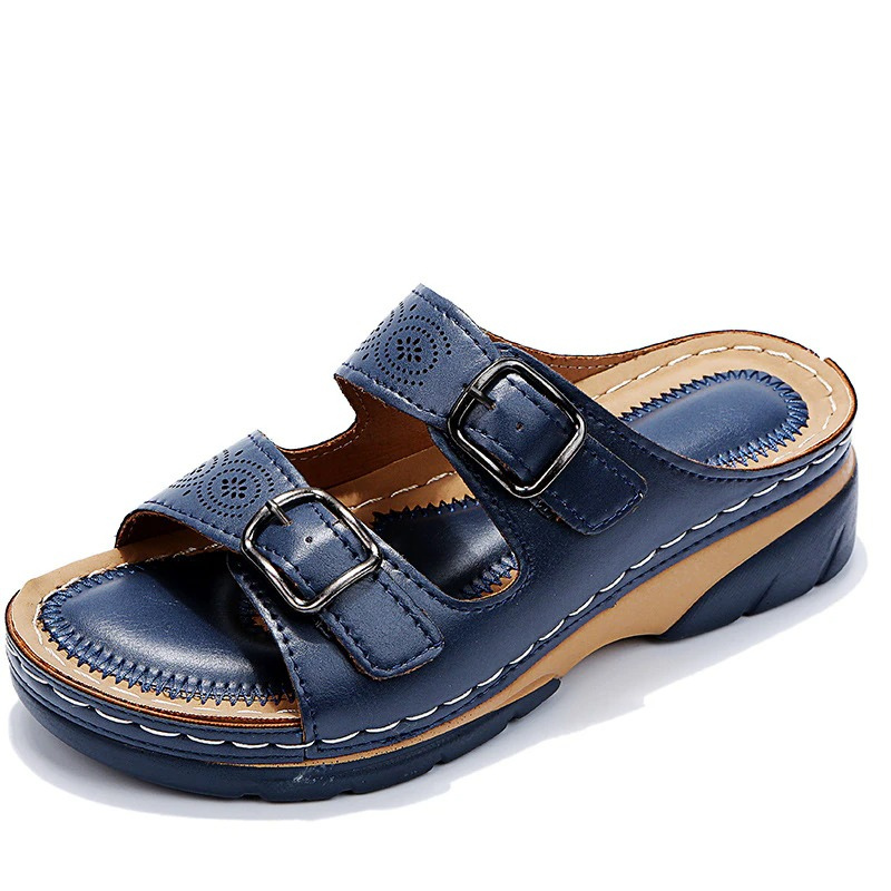 Sandali ortopedici unisex in pelle azzurra con supporto ergonomico e suola antiscivolo per comfort e stile elegante.