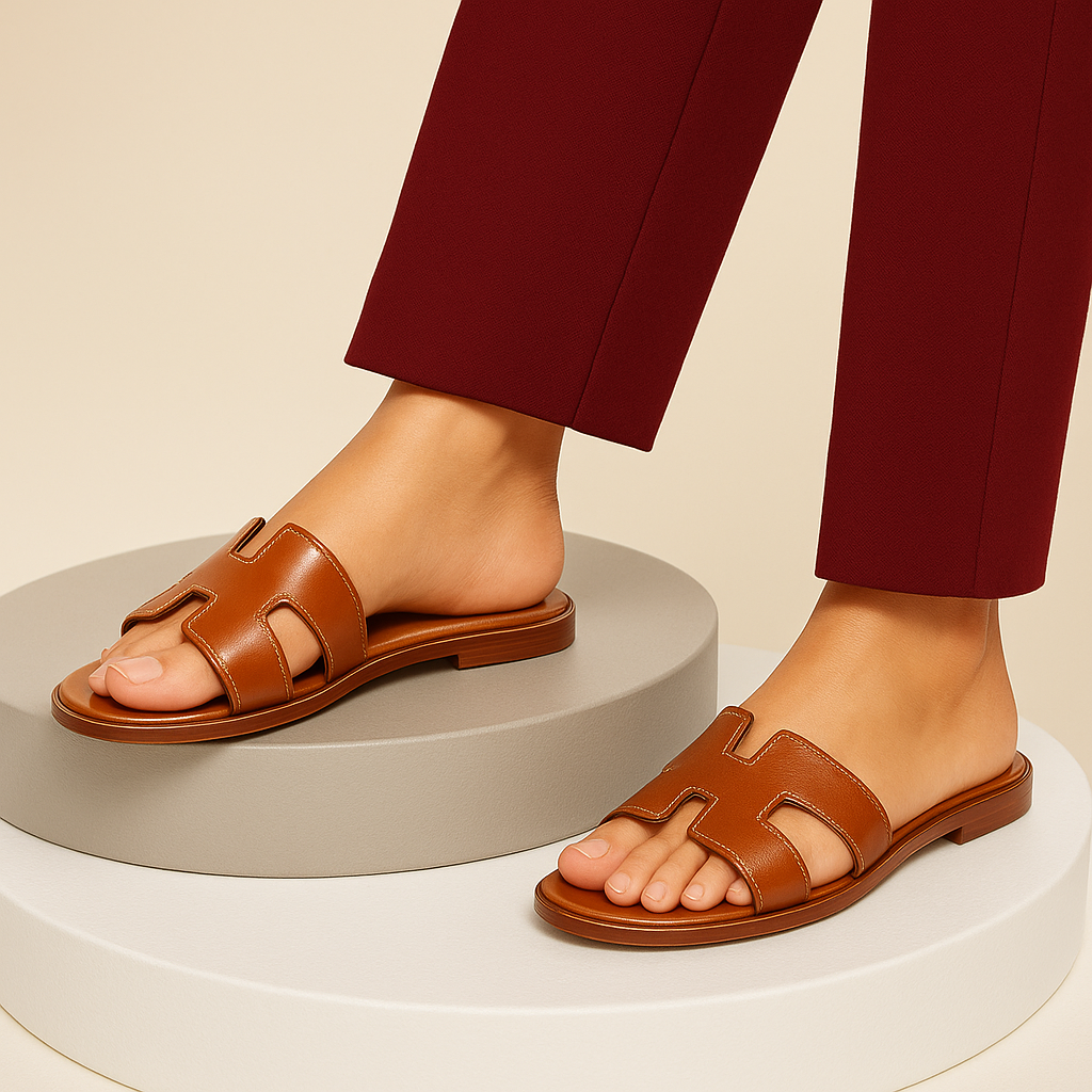 "Sandali piatti in pelle marrone donna con listini intagliati e regolabili, design elegante e traspirante estivo."