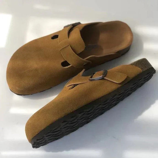 "Sandali unisex in pelle di lusso, design sofisticato, suola ergonomica, cinturino regolabile, vari colori disponibili."