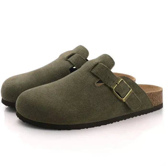 "Sandali unisex in pelle di lusso, design sofisticato, suola ergonomica, cinturino regolabile, vari colori disponibili."