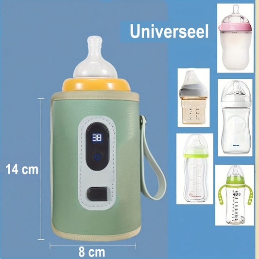"Scaldabiberon USB portatile, elegante rosa tenue, display digitale, ideale per viaggi, compatto per borsa, pratico per bimbi