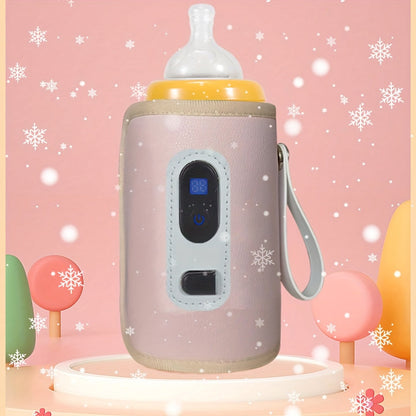 "Scaldabiberon USB portatile, elegante rosa tenue, display digitale, ideale per viaggi, compatto per borsa, pratico per bimbi