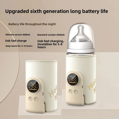 "Scaldabiberon wireless SmartBottle, compatto e ricaricabile, in bianco con display digitale, perfetto per viaggi."