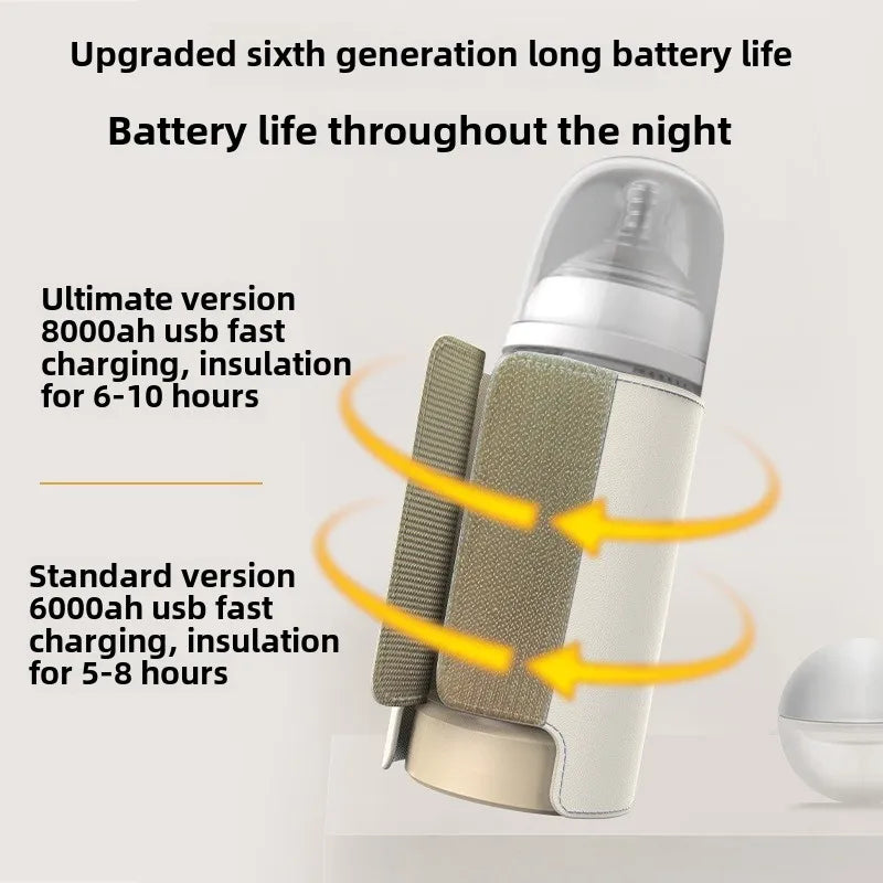 "Scaldabiberon wireless SmartBottle, compatto e ricaricabile, in bianco con display digitale, perfetto per viaggi."