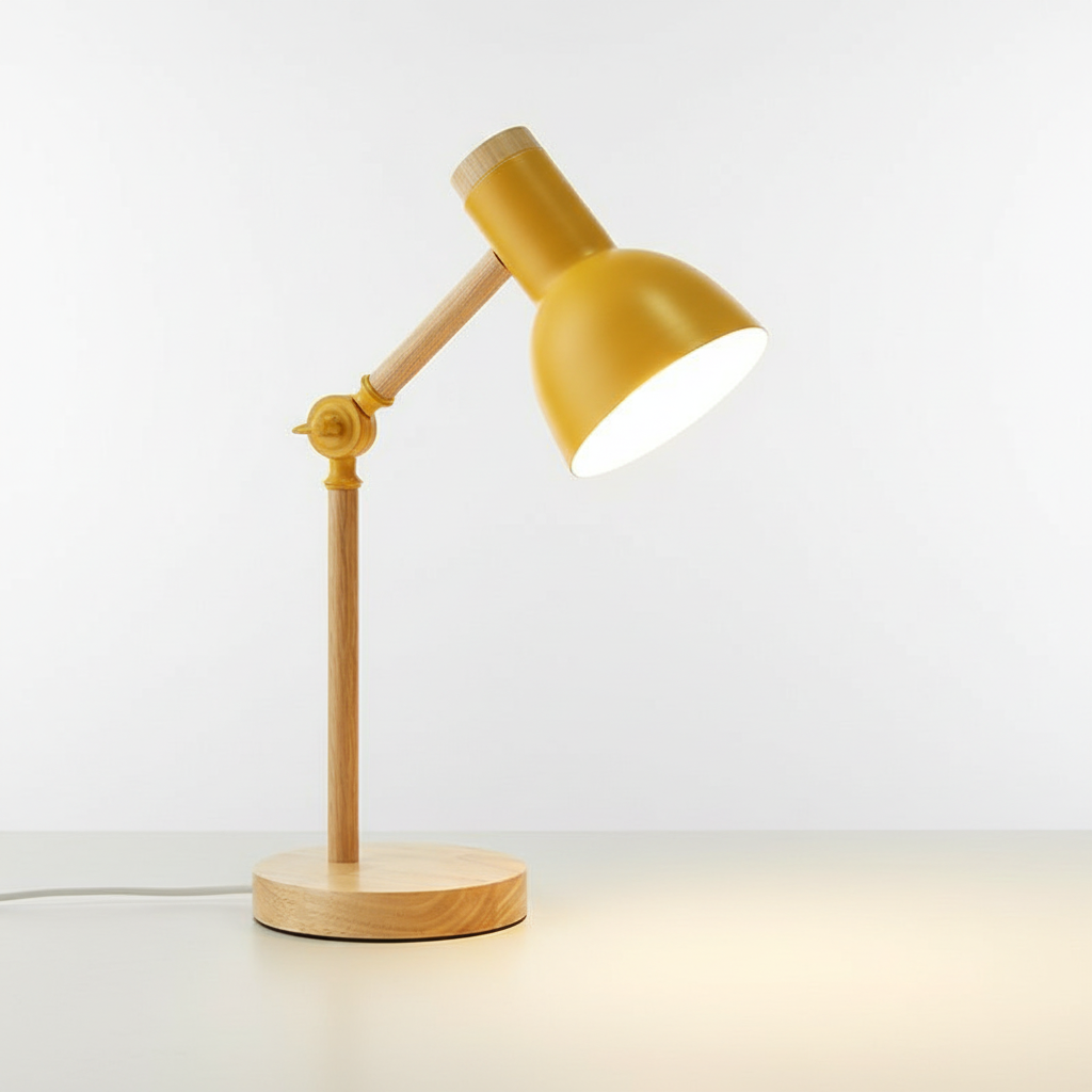Office task lamp: modern Scandinavian design in wood & black metal. Provides focused lighting for work.