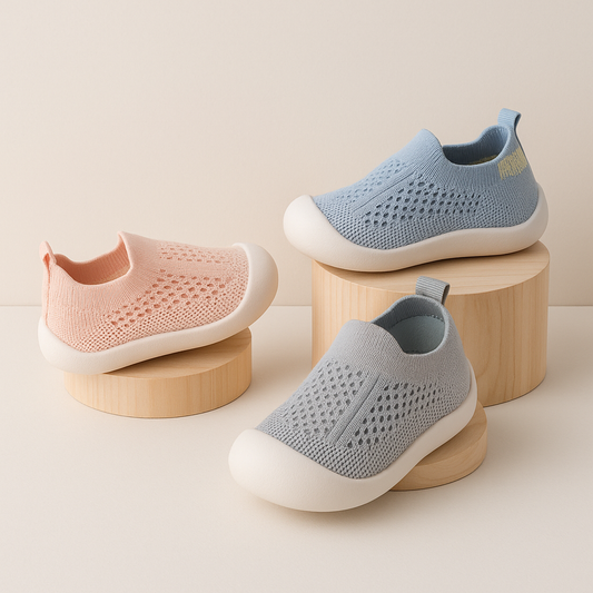 Scarpe da ginnastica per bambini con suole antiscivolo in tonalità pastello, design moderno e struttura traspirante.