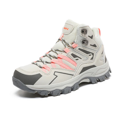 "Scarpe da trekking impermeabili unisex bianche con dettagli rosa, materiali traspiranti e suola antiscivolo."
