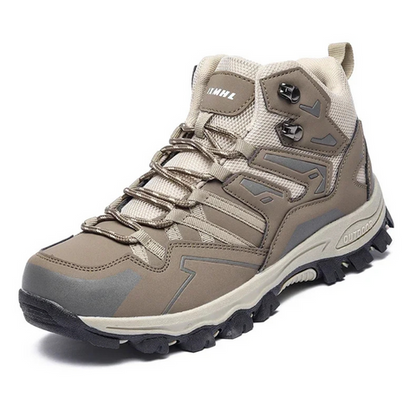 "Scarpe da trekking impermeabili unisex bianche con dettagli rosa, materiali traspiranti e suola antiscivolo."