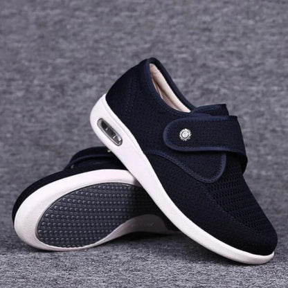 "Scarpe donna diabetiche larghe comfort, colore blu, design slanciato, mesh traspirante, suola morbida."