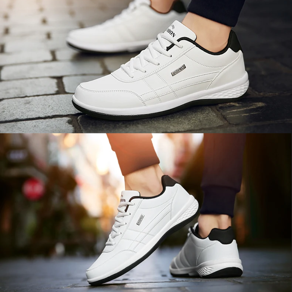 Scarpe ortopediche in pelle bianca da uomo, eleganti e confortevoli, con supporto ortopedico e lacci regolabili.