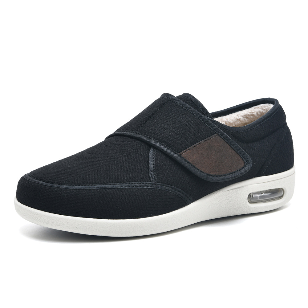 "Scarpe ortopediche ultra-larghe unisex, color nero, cinghie regolabili, suola antiscivolo, comfort e adattabilità."