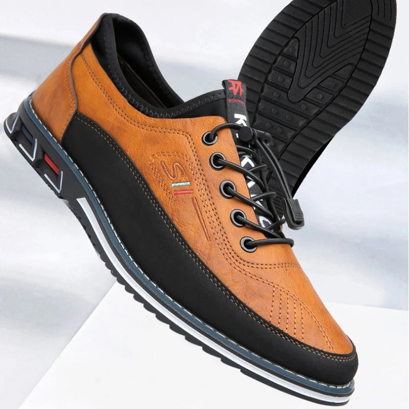 "Scarpe oxford uomo eleganti, design ortopedico, marrone pelle, comfort e supporto avanzato, adatte per ogni occasione."