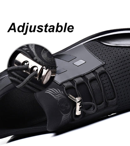 "Scarpe uomo ortopediche in cuoio nero, eleganti e comode, con supporto avanzato, viste lateralmente."