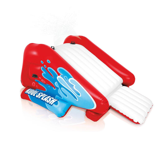 "Scivolo gonfiabile rosso e bianco con spruzzatore per bambini, include box morbido e maniglie per sicurezza, ideale per esta