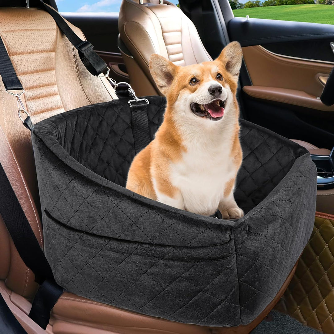 Pet travel accessory: secure dog car seat with belt, storage, & comfort for small/medium pets.