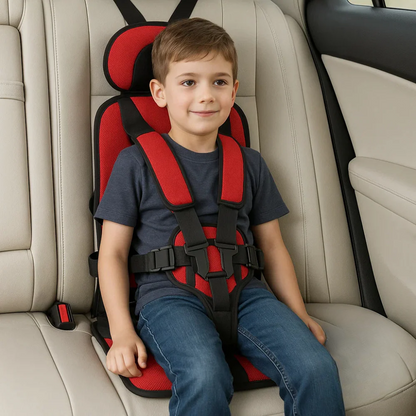 "Seggiolino auto per bambini portatile blu con design pieghevole, cinghie di sicurezza e imbottitura confortevole."