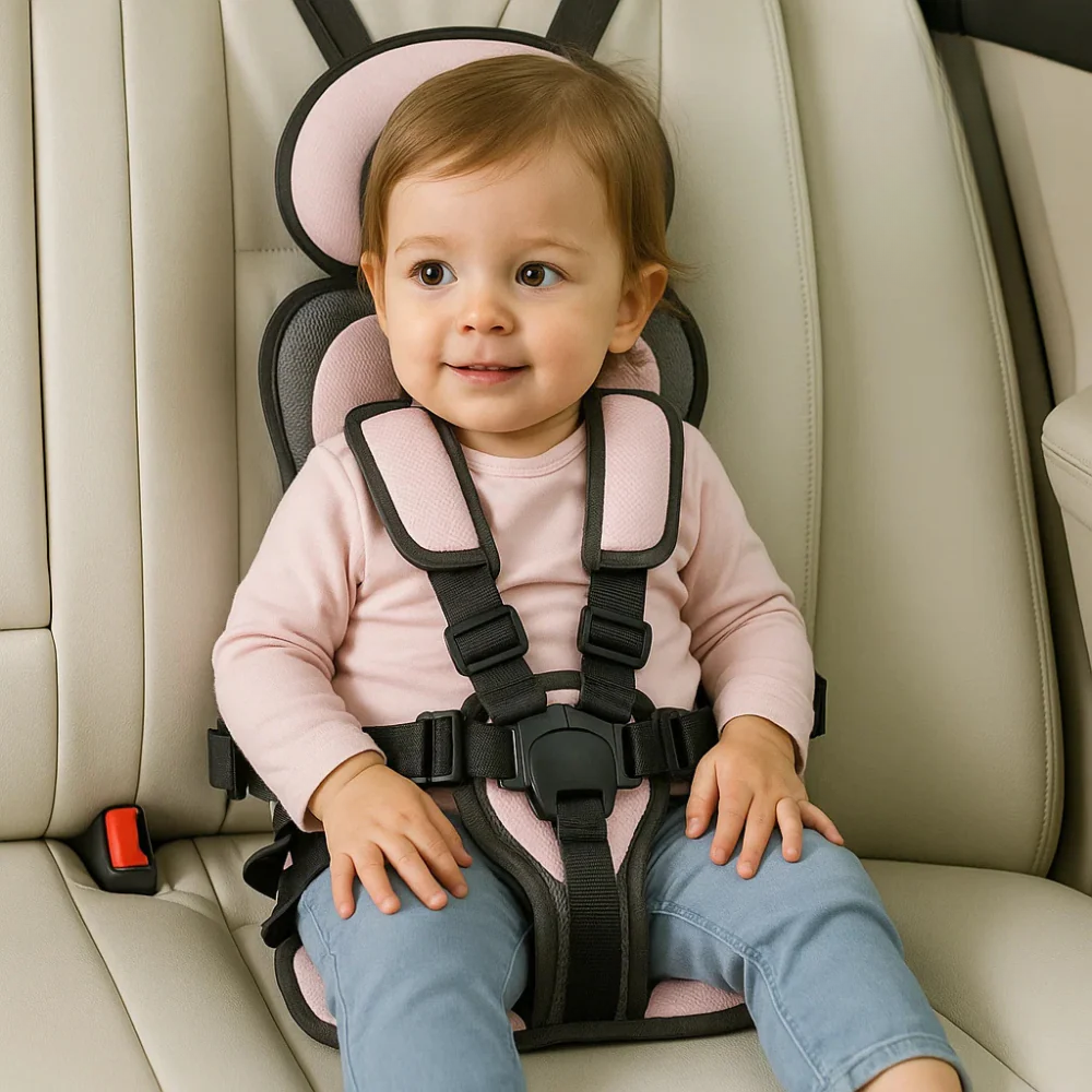 "Seggiolino auto per bambini portatile blu con design pieghevole, cinghie di sicurezza e imbottitura confortevole."